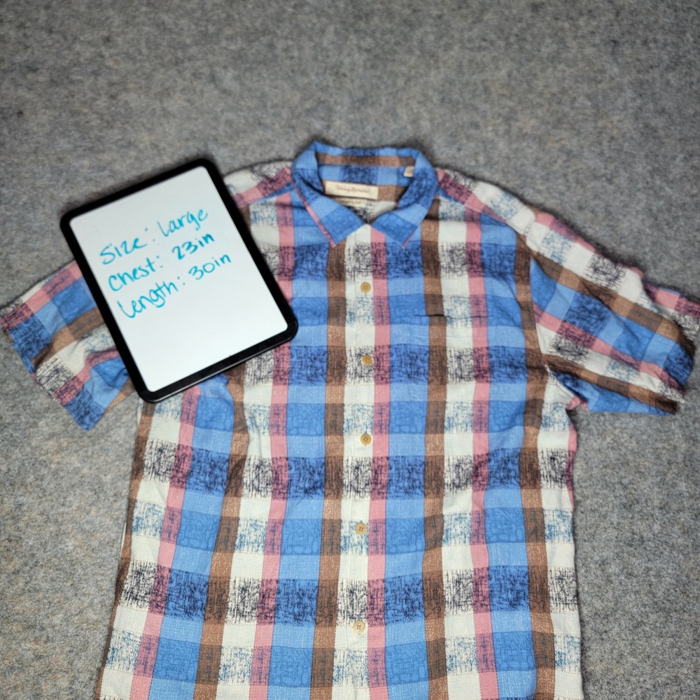 Tommy Bahama 100% Silk‎ Plaid Button Up Short Sleeve Shirt Mens Large